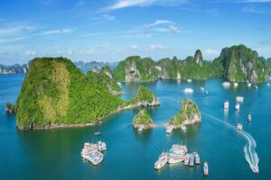 My Huỳnh Hạ Long Quảng Ninh in ly, in bao bì, in túi nilon, nắp ly, ống hút, vali giá sỉ số 1 boats in the water with boats